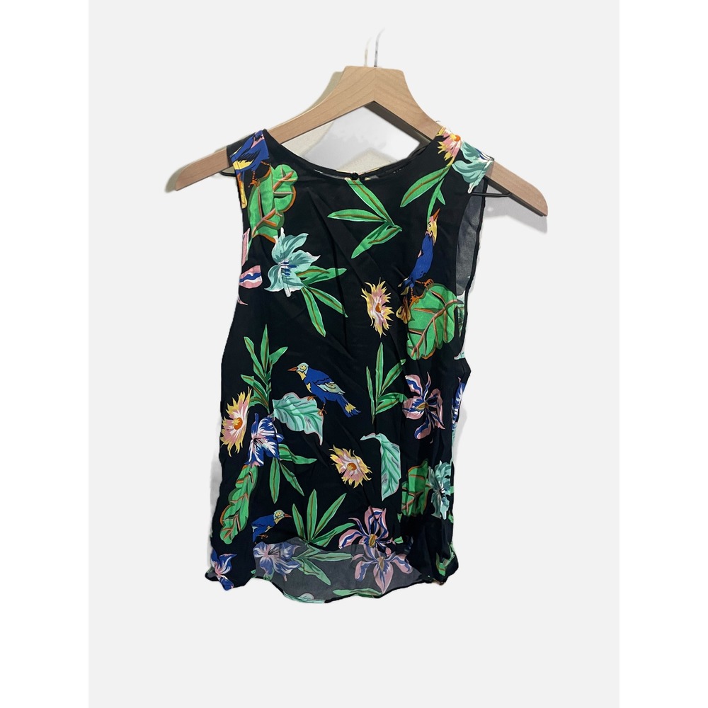 Zara Woman Blouse Women XS Black Tropical Bird Floral Print Sleeveless Summer